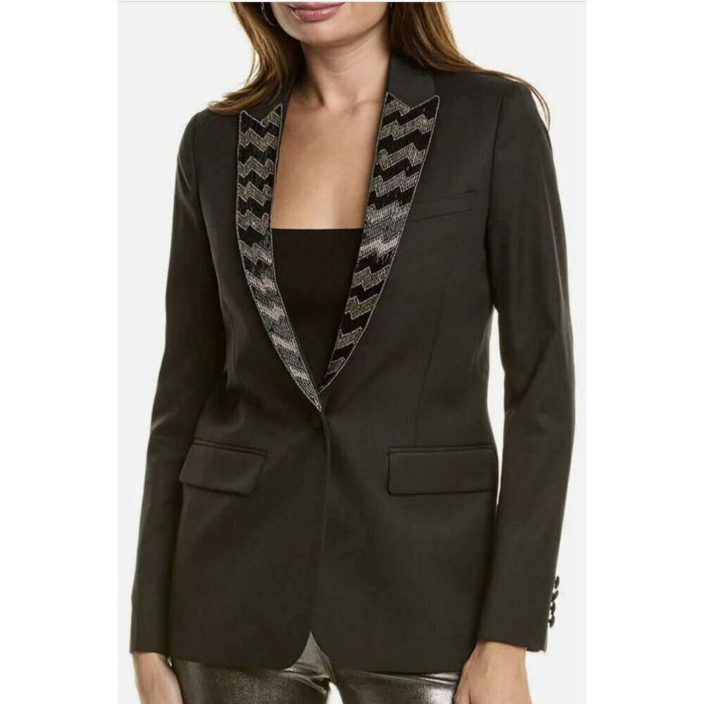 The Kooples $575 Black Blazer Beaded Chevron Lapel Detail Size Large NWT